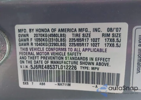 2007 Honda Cr-V Ex z USA, uszkodzony, nr VIN 5J6RE48537L012226